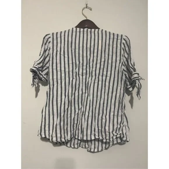 Banana Republic Top M Short Sleeve Button Up Collar Linen Blend Striped - Picture 7 of 8